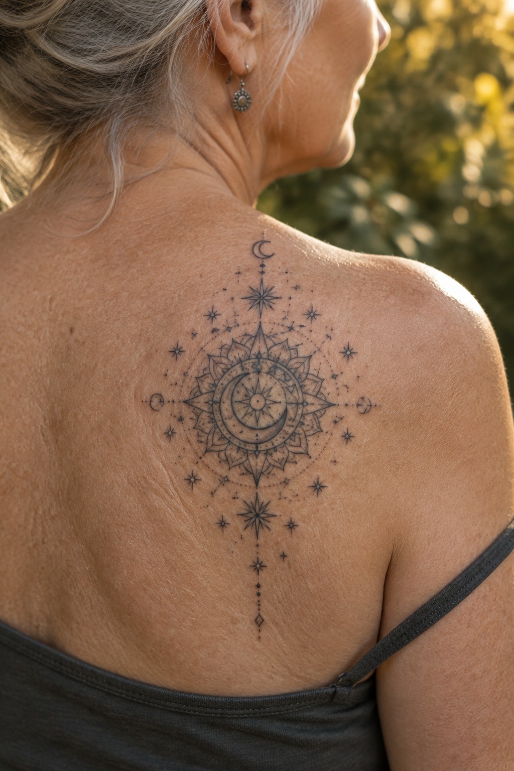 Silver-haired woman in gray tank top with intricate celestial mandala tattoo on back