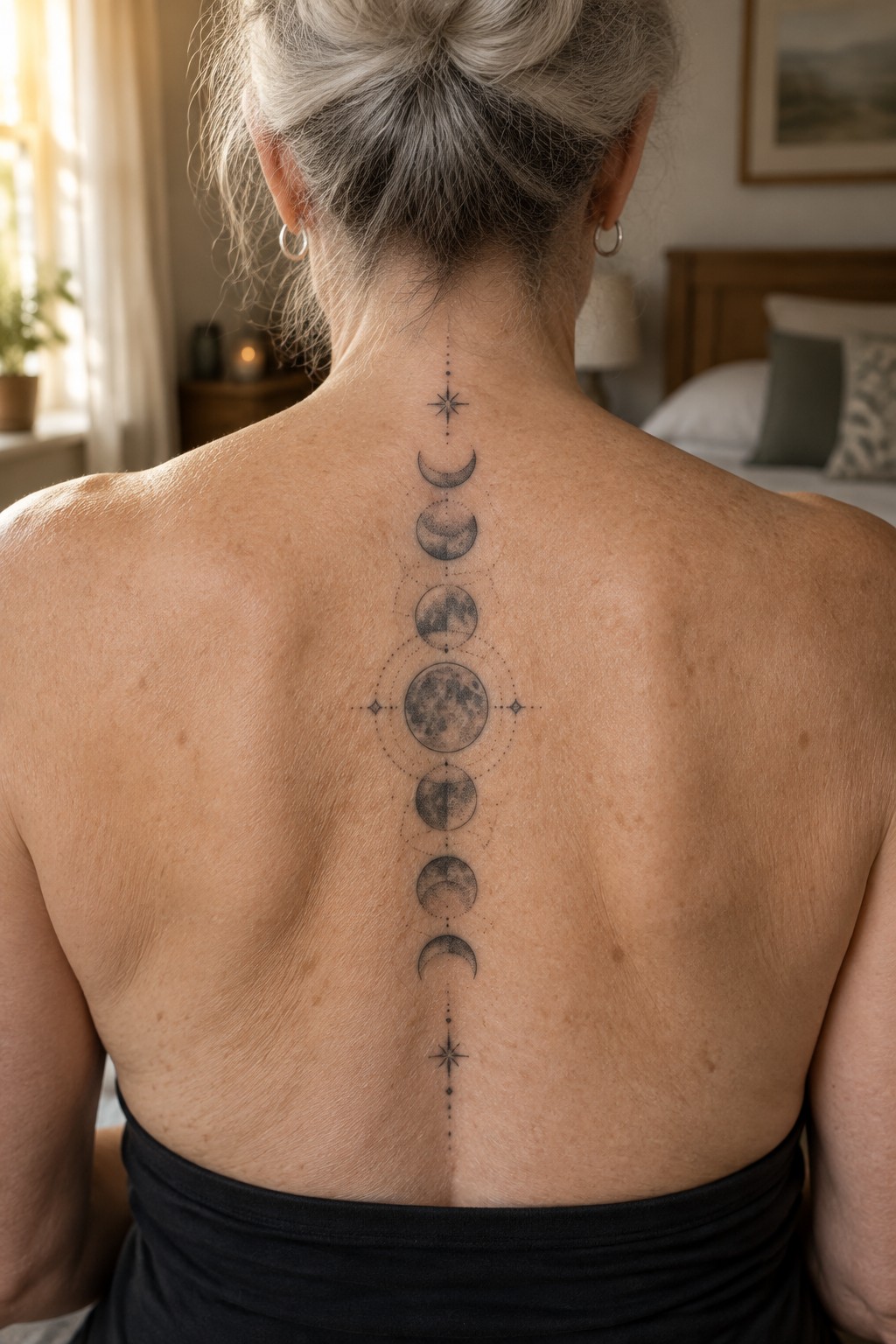 Gray-haired woman in black top shows moon phases tattoo down her spine