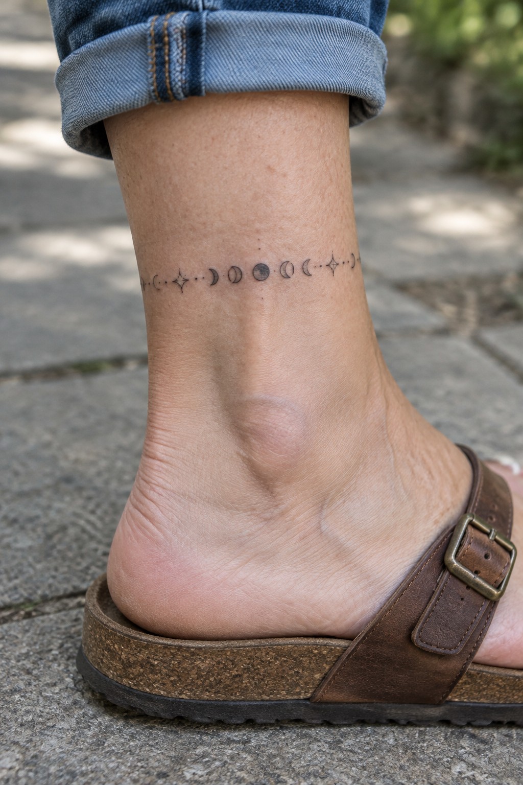 Moon phases tattoo on ankle above brown sandal and cuffed blue jeans