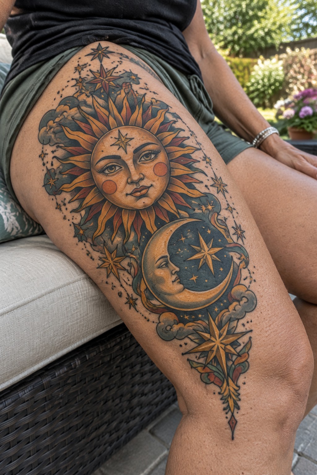 Large sun and crescent moon tattoo with stars on person's thigh.