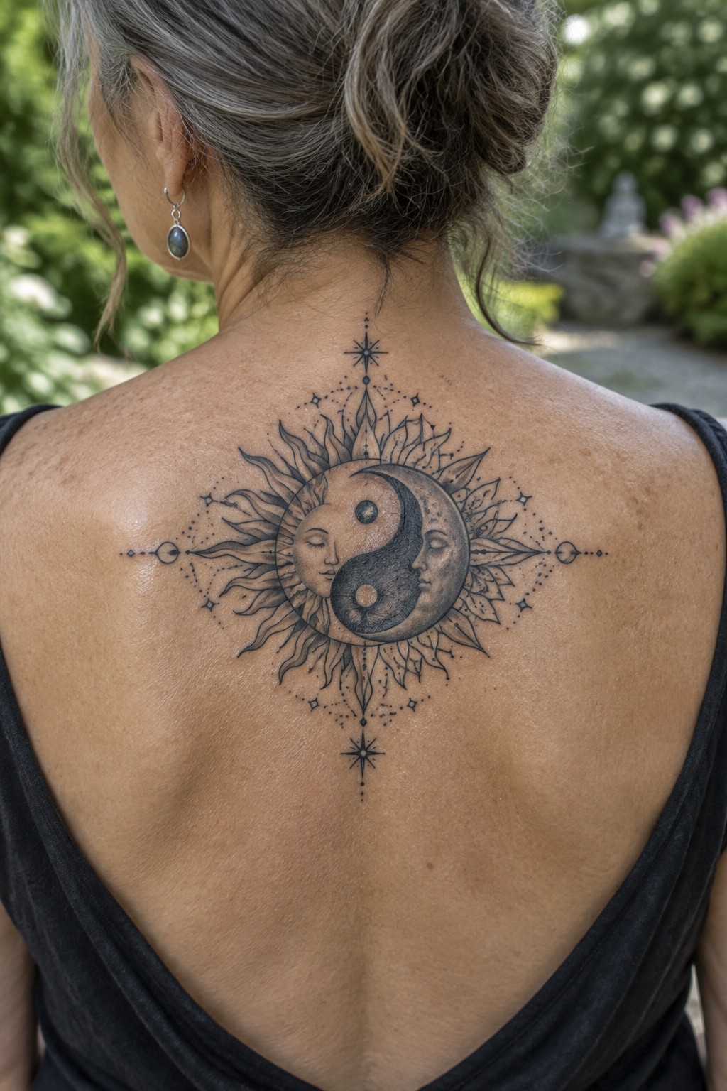Woman's upper back with intricate sun-moon yin-yang tattoo amid stars and leaves