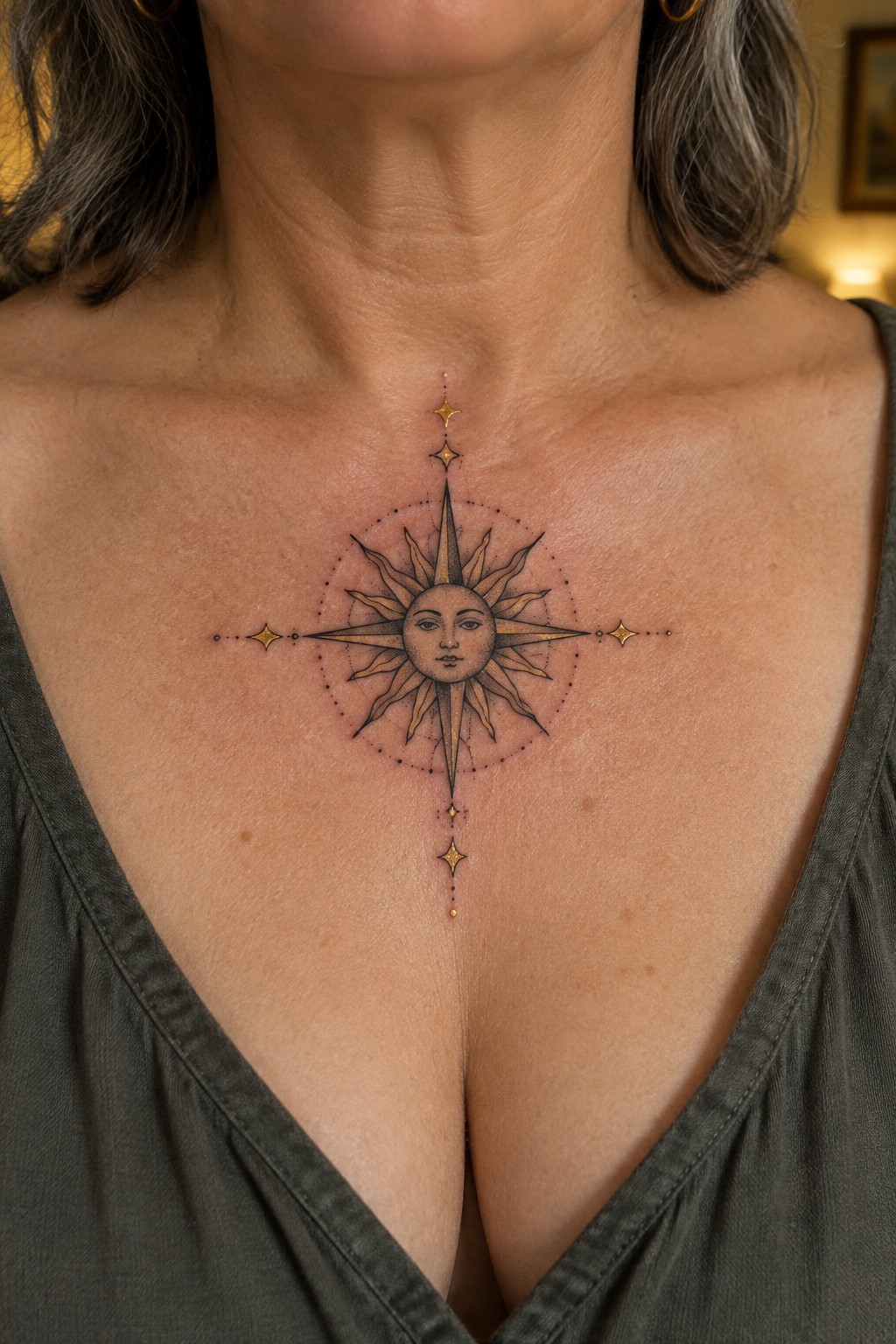 Ornate sun-and-compass tattoo with gold stars on woman's chest.