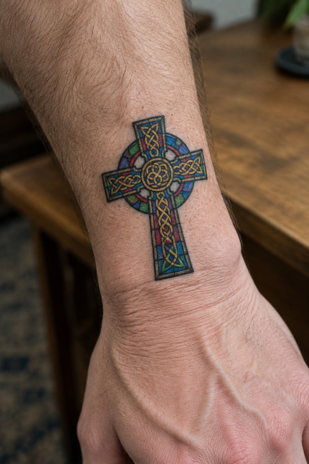 Close up of a colorful stained glass style Celtic cross tattoo on a man's inner wrist.