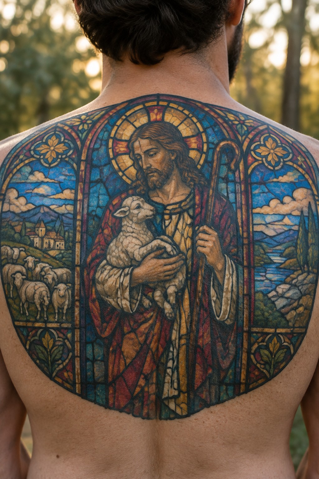 Stained glass tattoo of Jesus holding a lamb amid sheep on back