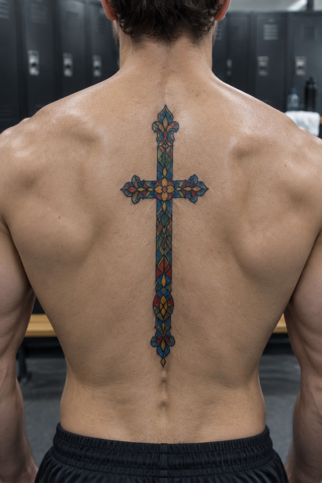 Muscular man's back with large colorful stained-glass cross tattoo in locker room.