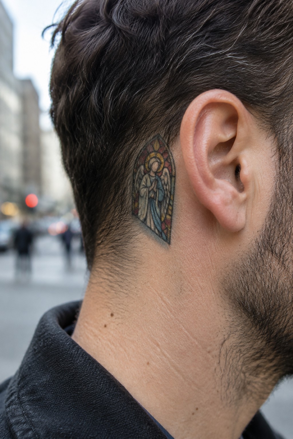 Stained glass angel tattoo in an arched frame placed behind the ear on a man's head.