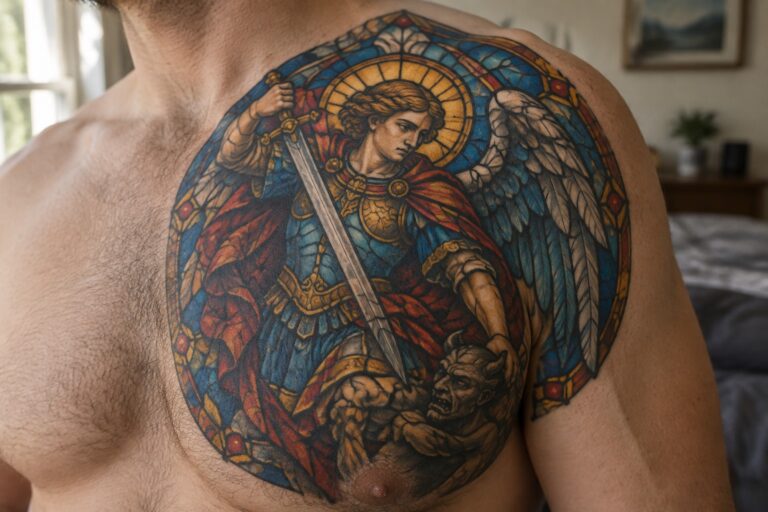 24 Vivid Stained-Glass Christian Tattoos for Men Featuring Saints, Crosses, and Biblical Scenes Colorful stained-glass tattoo of winged angel with sword over defeated demon on chest