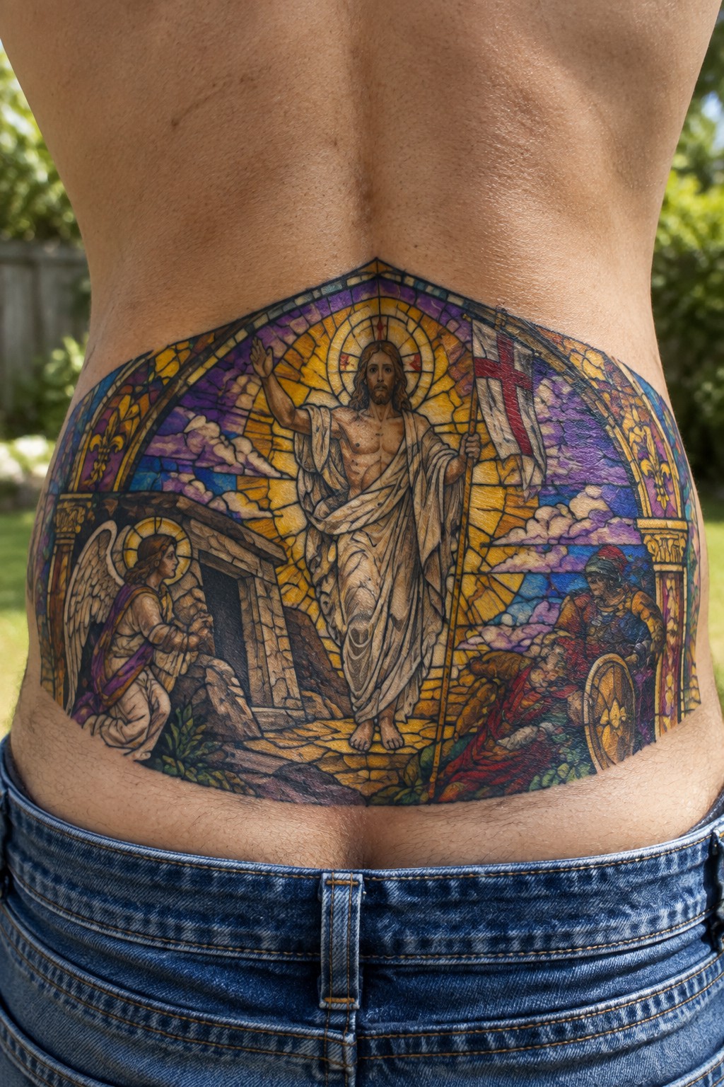 Colorful stained-glass tattoo of Jesus with flag amid angels and warriors on back