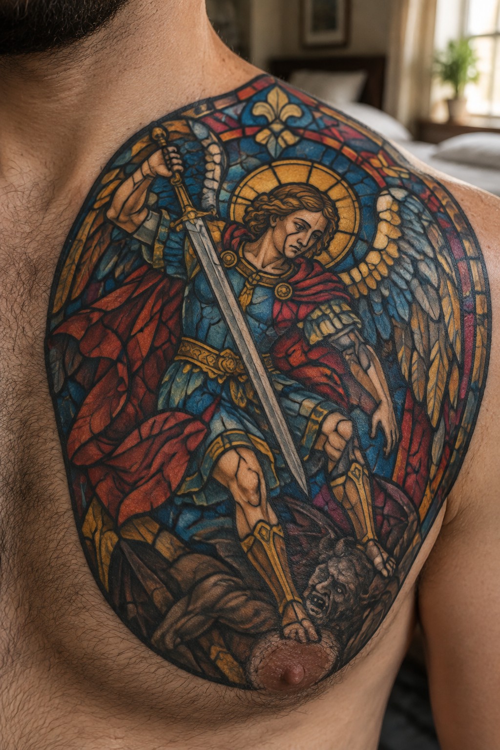 Colorful stained-glass tattoo of winged angel with sword over defeated demon on chest