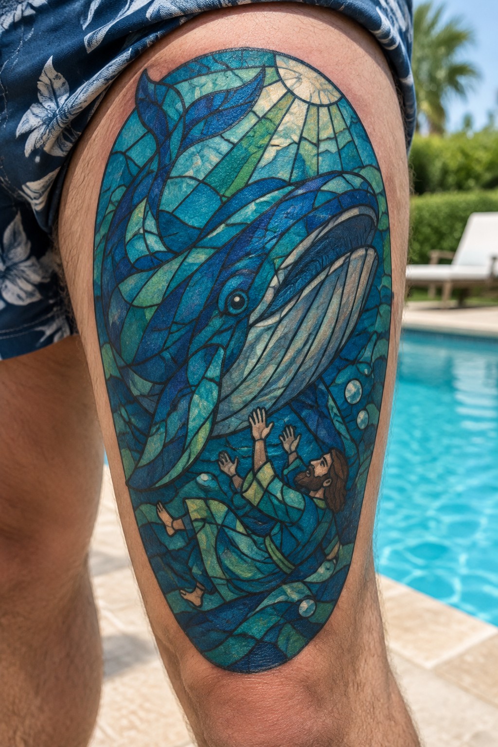 Stained glass style tattoo of Jonah and the whale on a man's thigh in blue and green tones