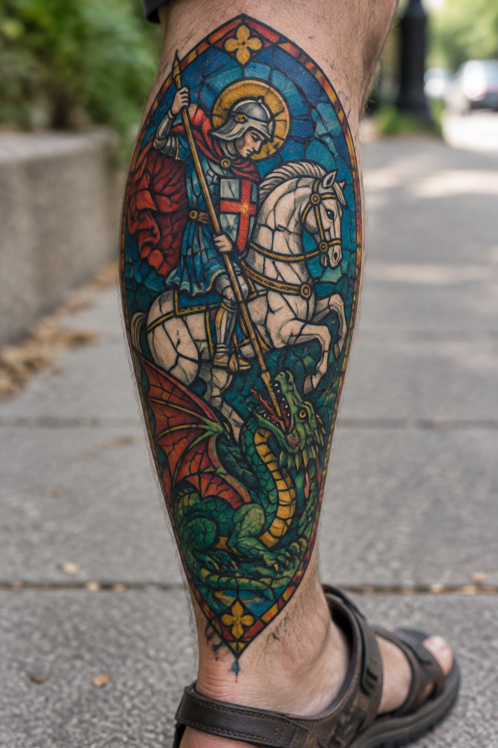 Stained-glass tattoo of armored knight on white horse spearing green dragon