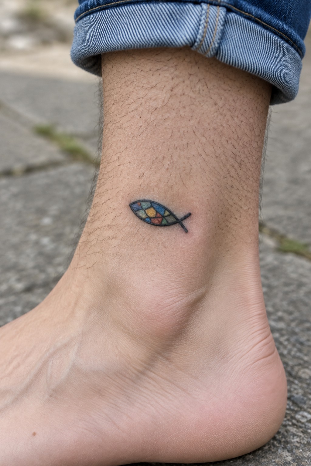 Small stained-glass style Christian fish tattoo on a man's ankle