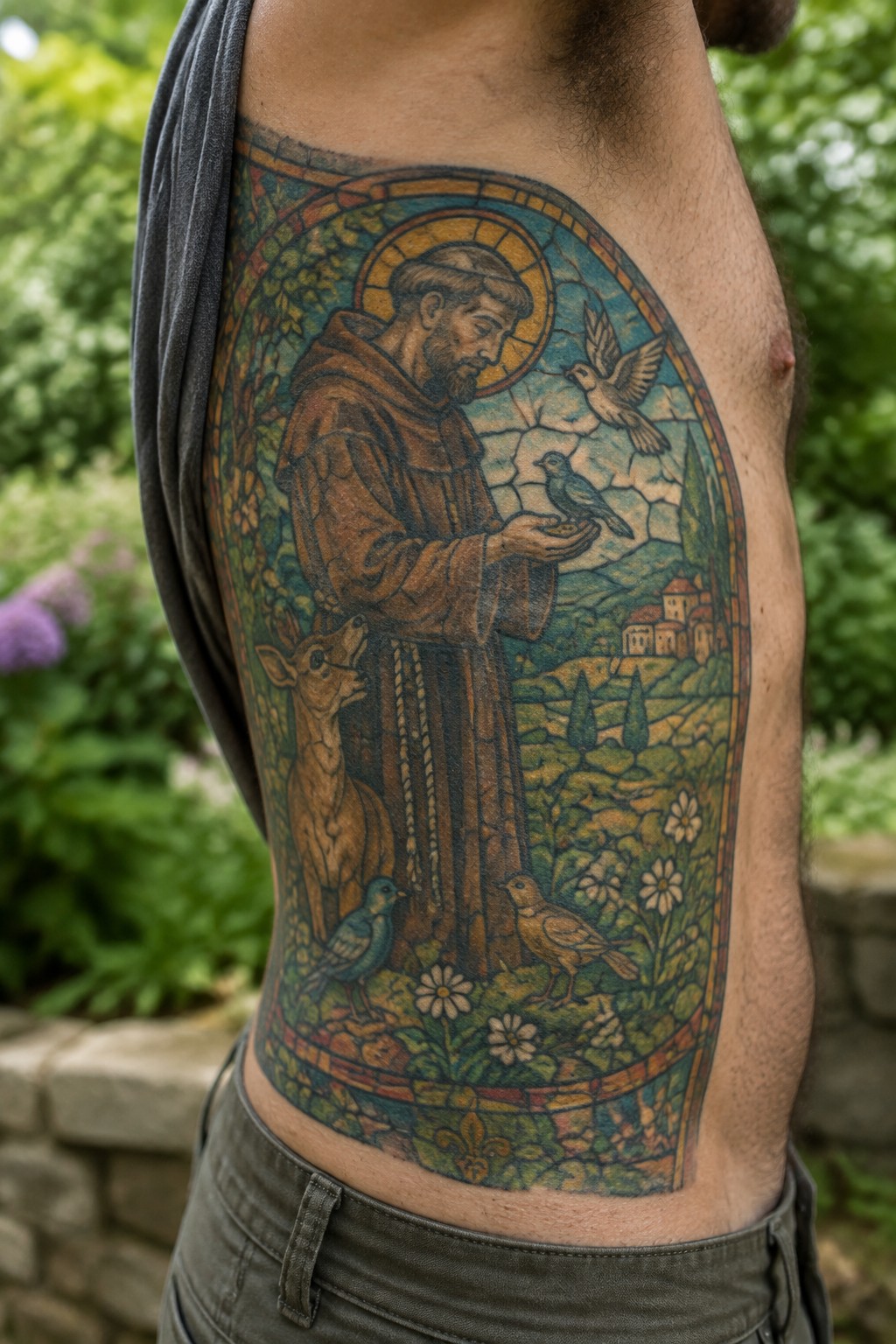 Stained-glass style tattoo of Saint Francis with birds and deer on torso