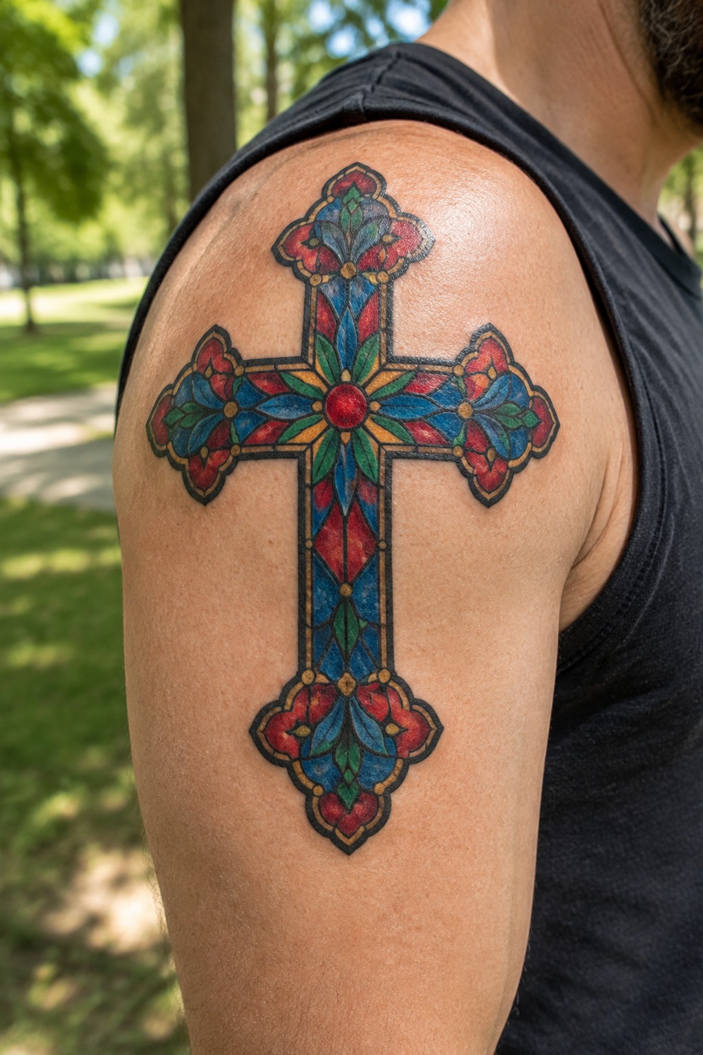 Colorful stained-glass cross tattoo with floral designs on shoulder in black tank top