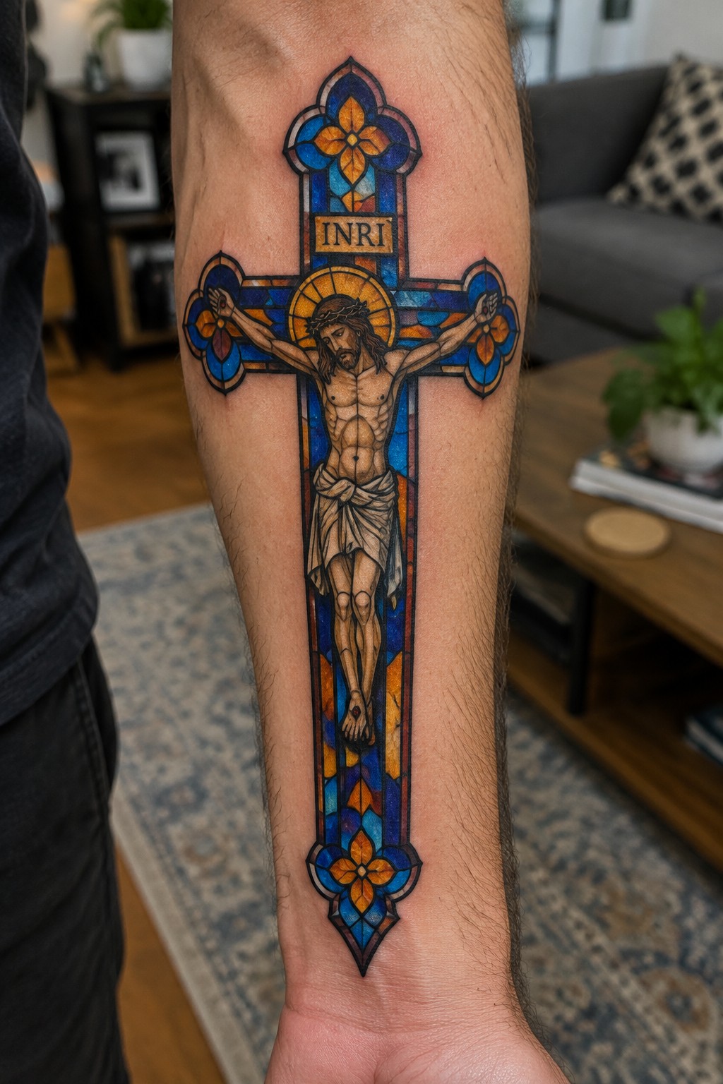 Vibrant stained-glass crucifix tattoo of Jesus on a person's forearm
