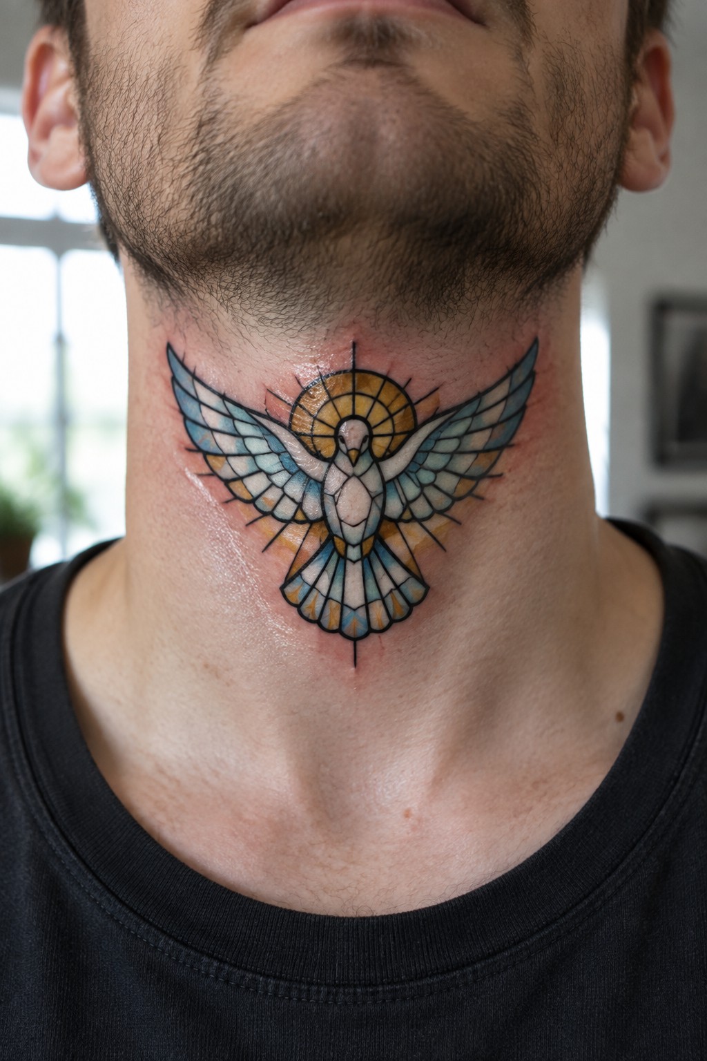 Close up of a man's neck showing a stained glass style dove tattoo with blue and yellow wings and a halo behind it.