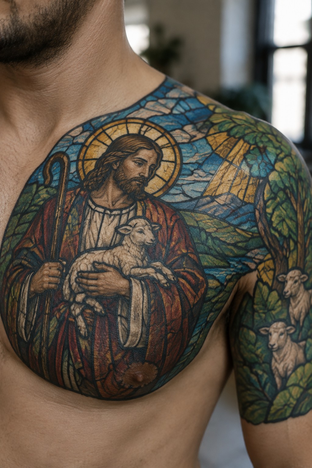 Stained-glass style tattoo of Jesus holding lamb on man's colorful chest and arm