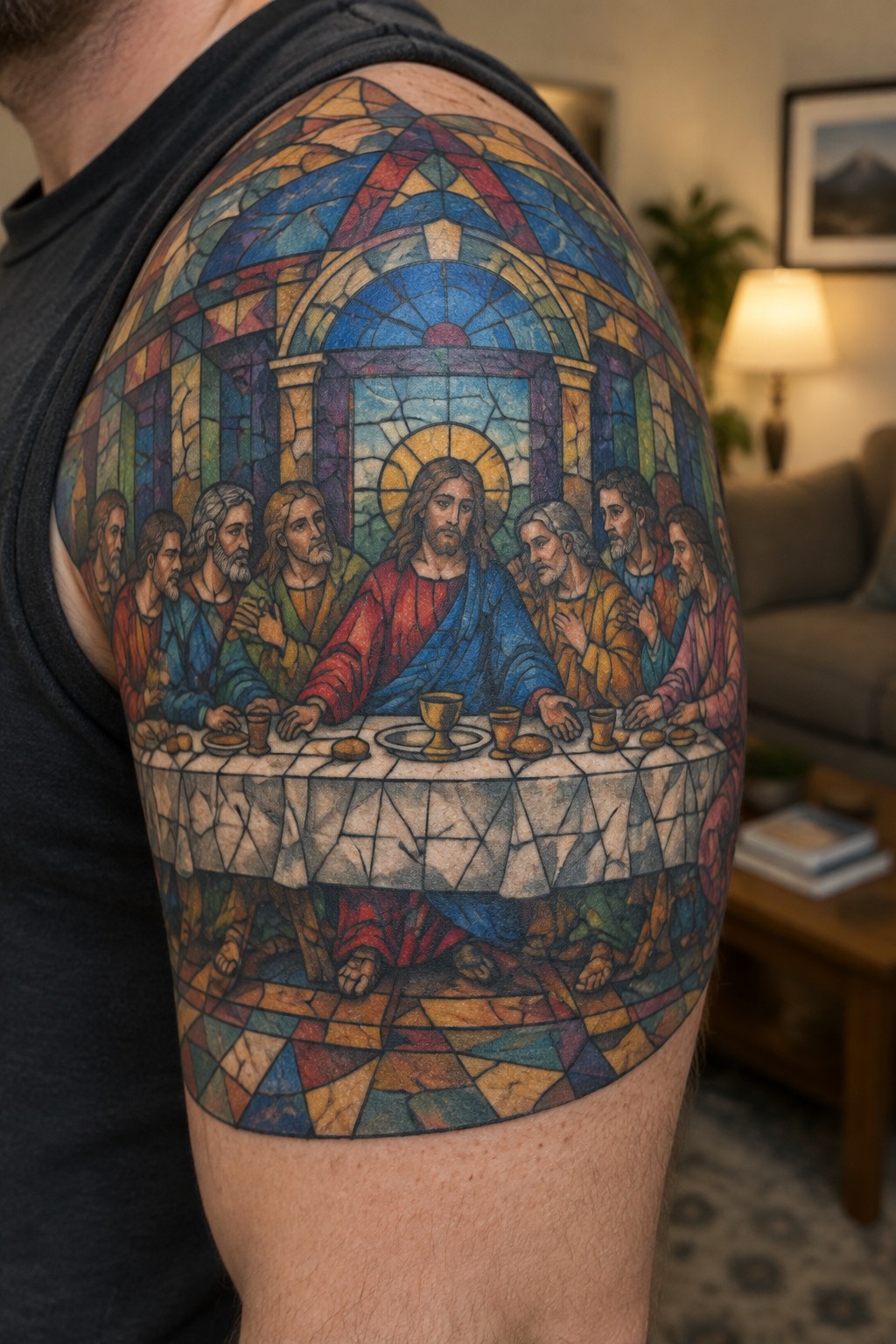 Stained glass style tattoo of the last supper covering a man's shoulder and upper arm