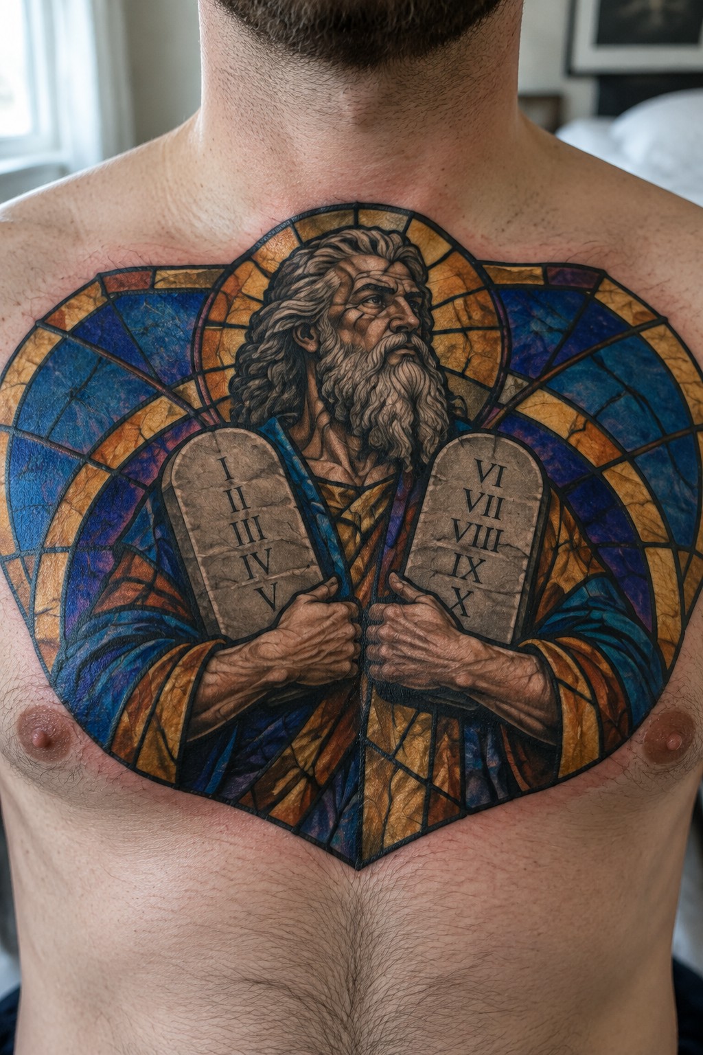 Vibrant stained-glass tattoo of Moses holding Ten Commandments on man's chest