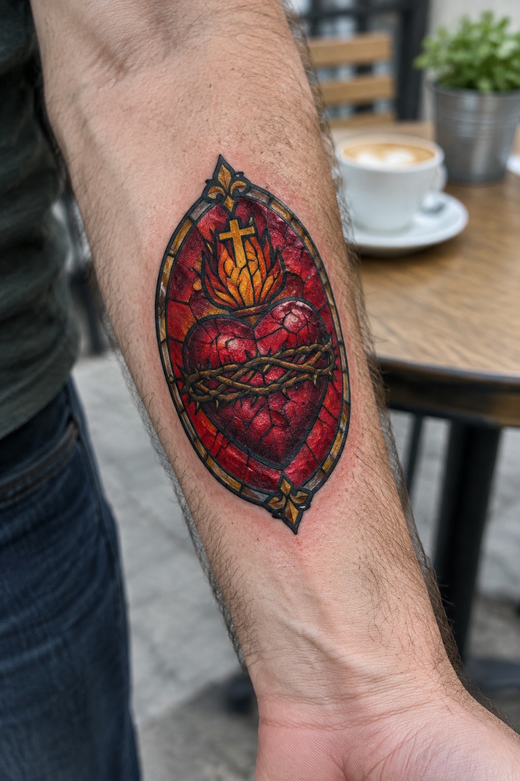 Forearm tattoo of a sacred heart in stained glass style with thorns, flames, and a cross inside an ornate frame.