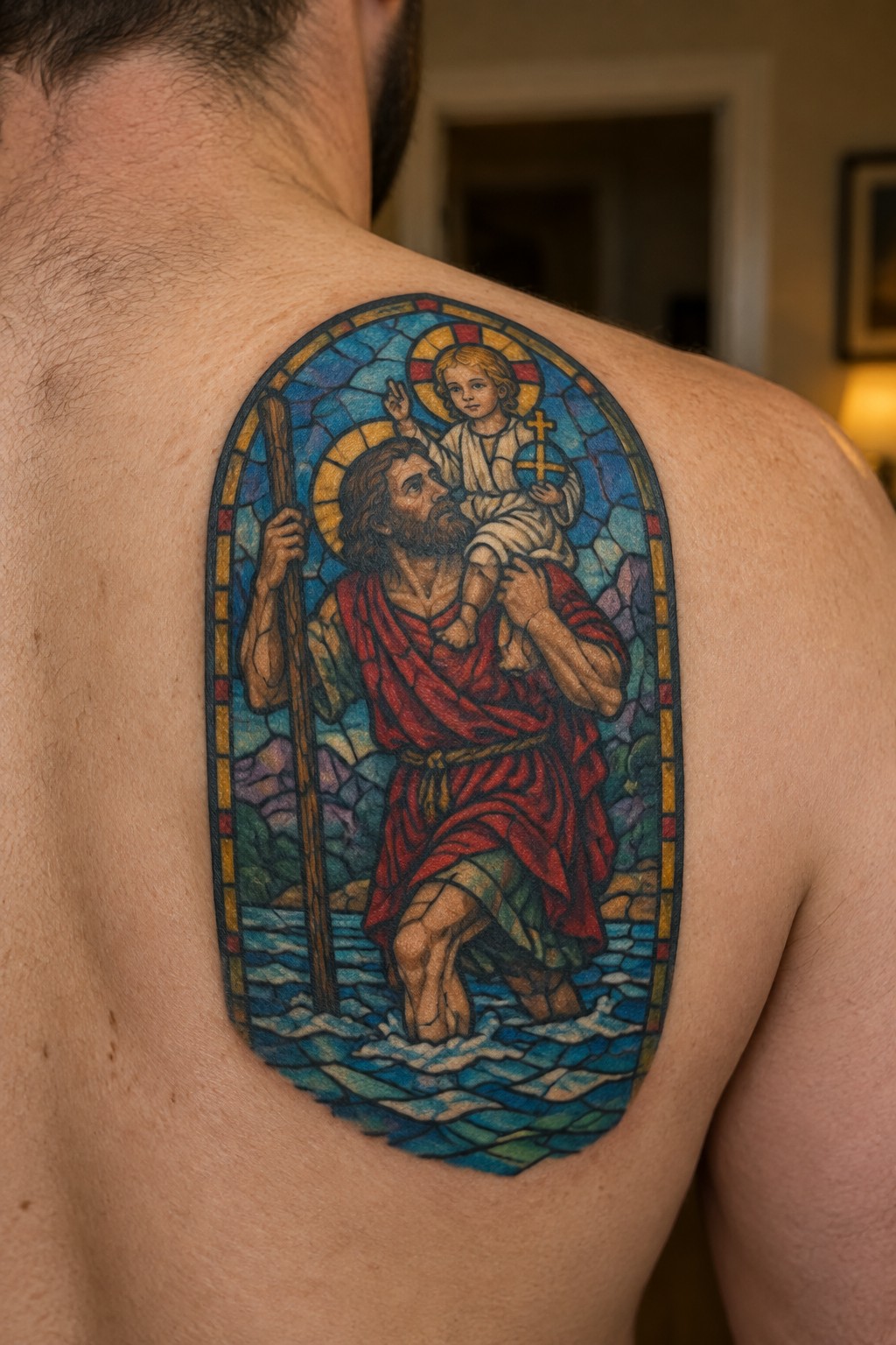 Stained glass style tattoo of Saint Christopher carrying the infant Jesus across water on a man's upper back