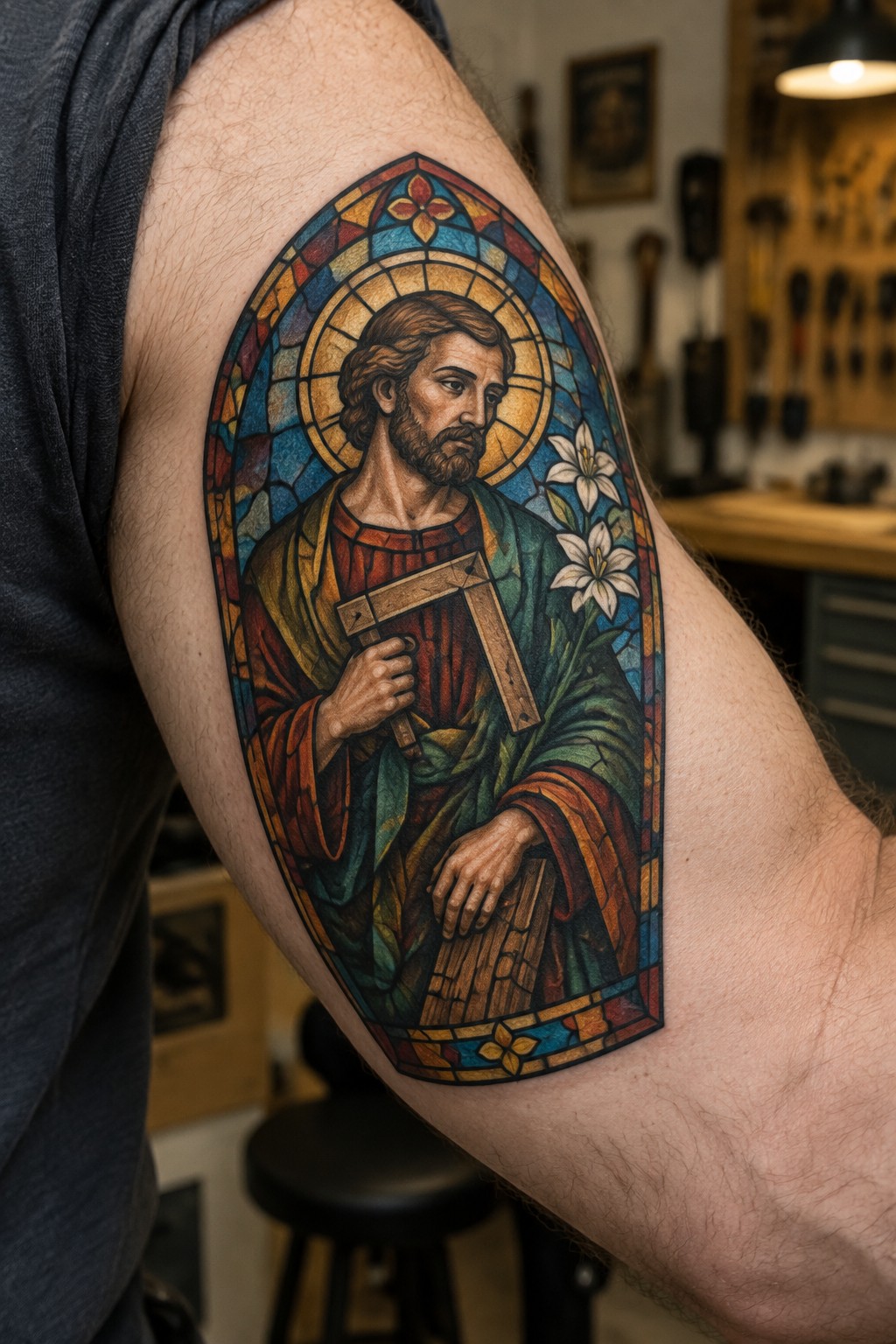 Colorful stained-glass tattoo of bearded saint in robes holding square and lilies