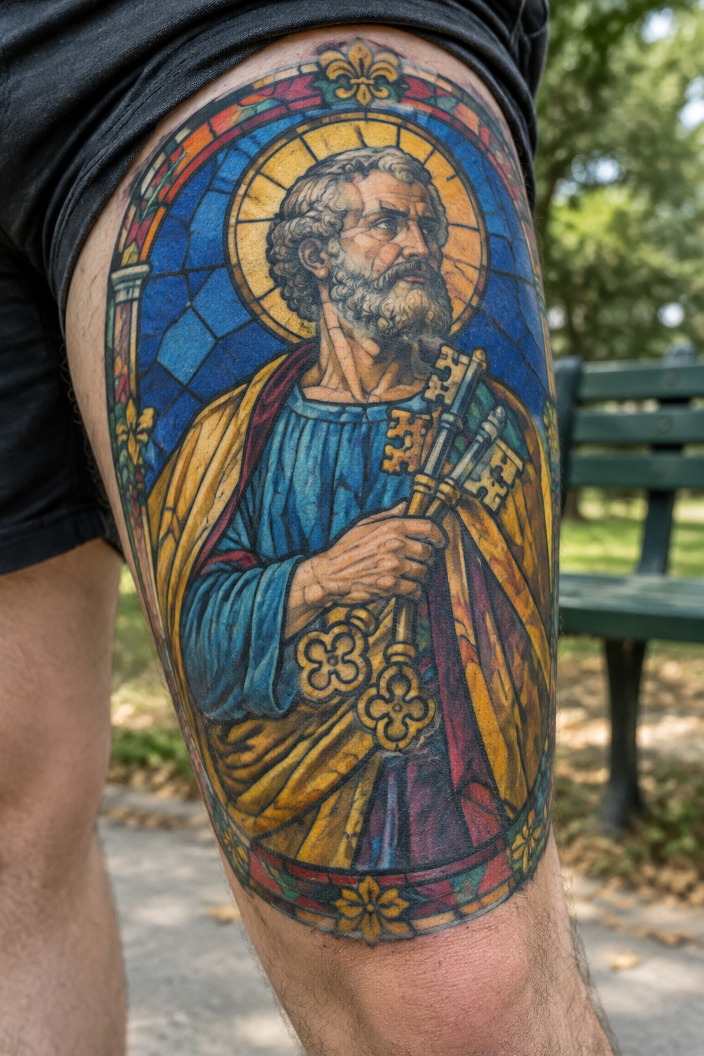 Vivid stained-glass tattoo of haloed bearded saint holding keys on thigh