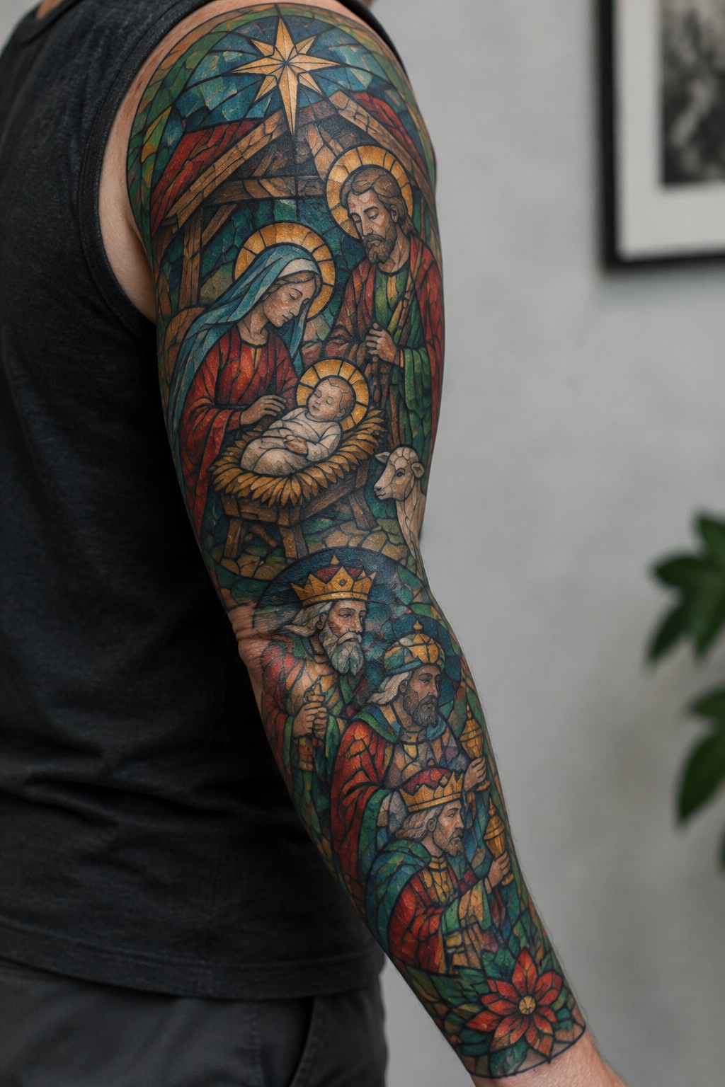 Full sleeve tattoo of the nativity and three kings rendered in stained glass style on a man's arm