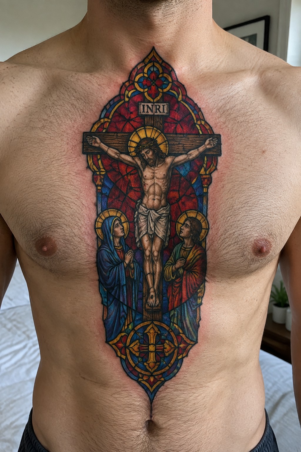 Vibrant stained-glass style tattoo of Christ's crucifixion with INRI on chest
