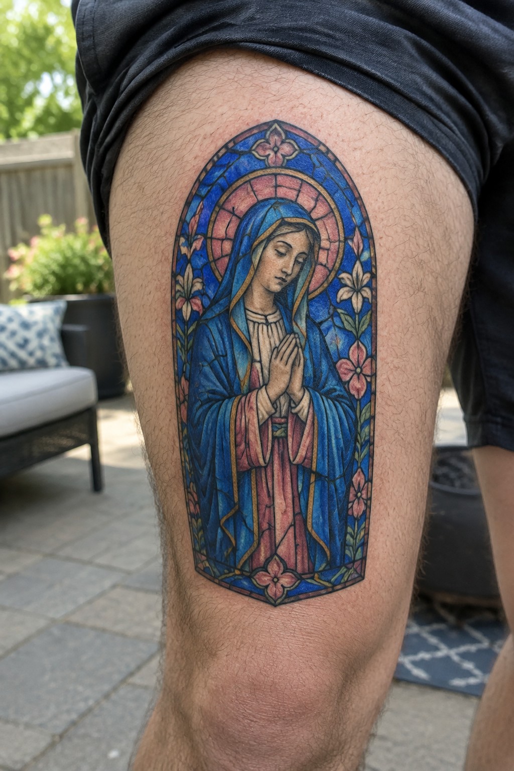Stained-glass style tattoo of Virgin Mary praying on person's thigh