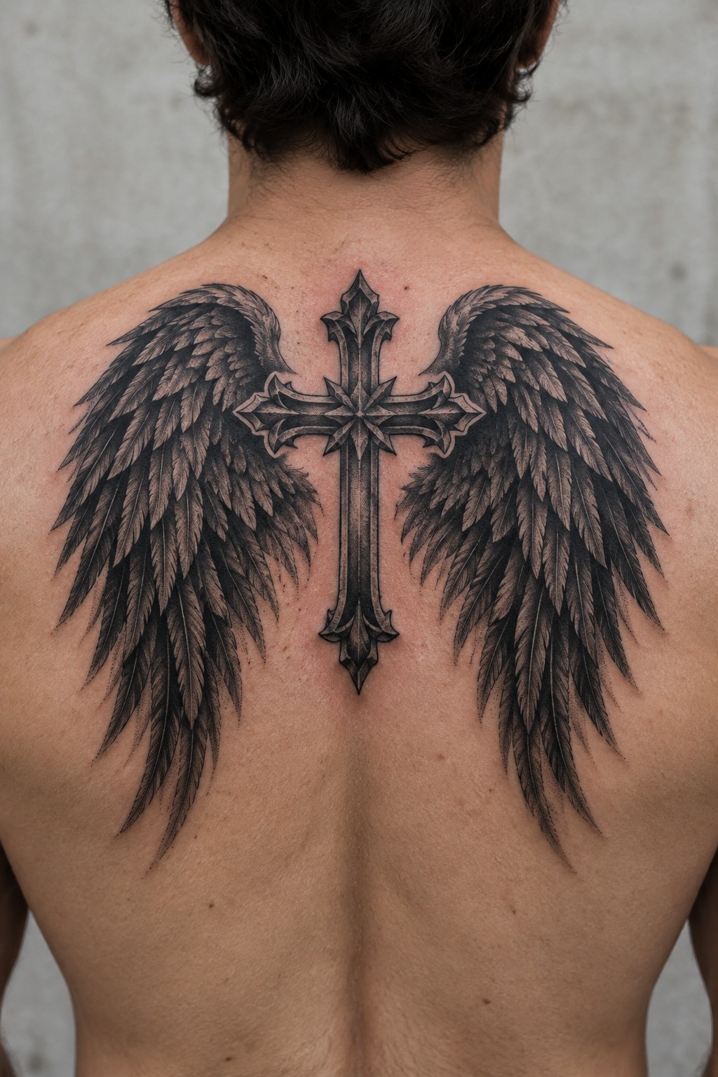 Black and gray tattoo of an ornate cross with large angel wings spread across a man's upper back