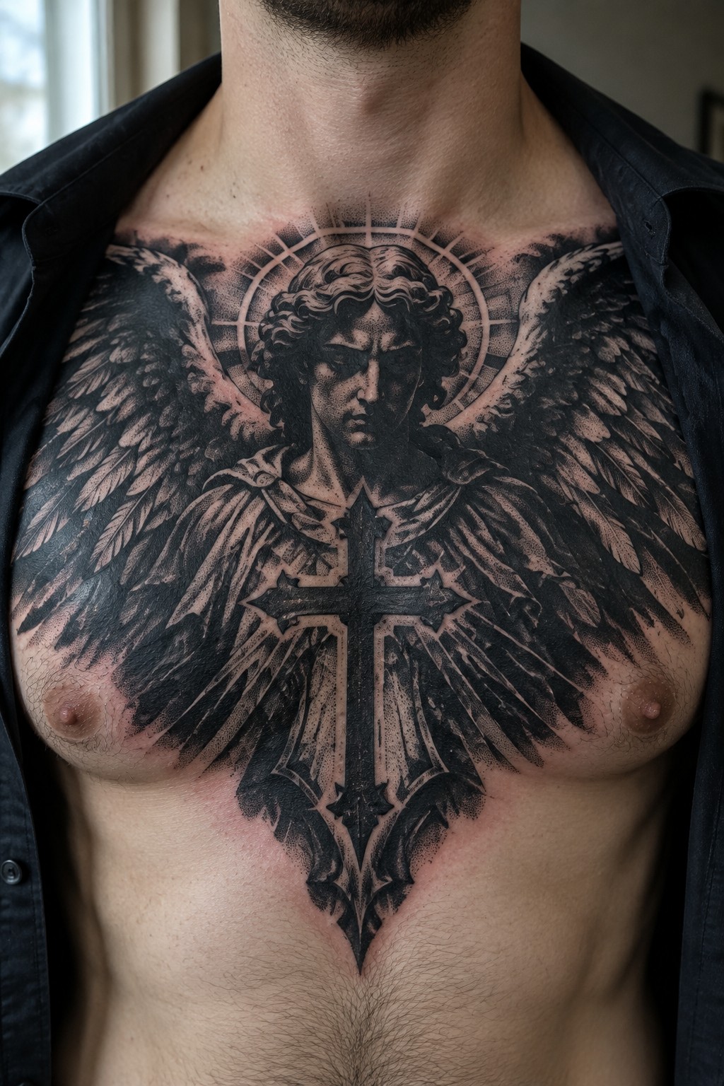 Man's chest with open black shirt and large angel cross tattoo