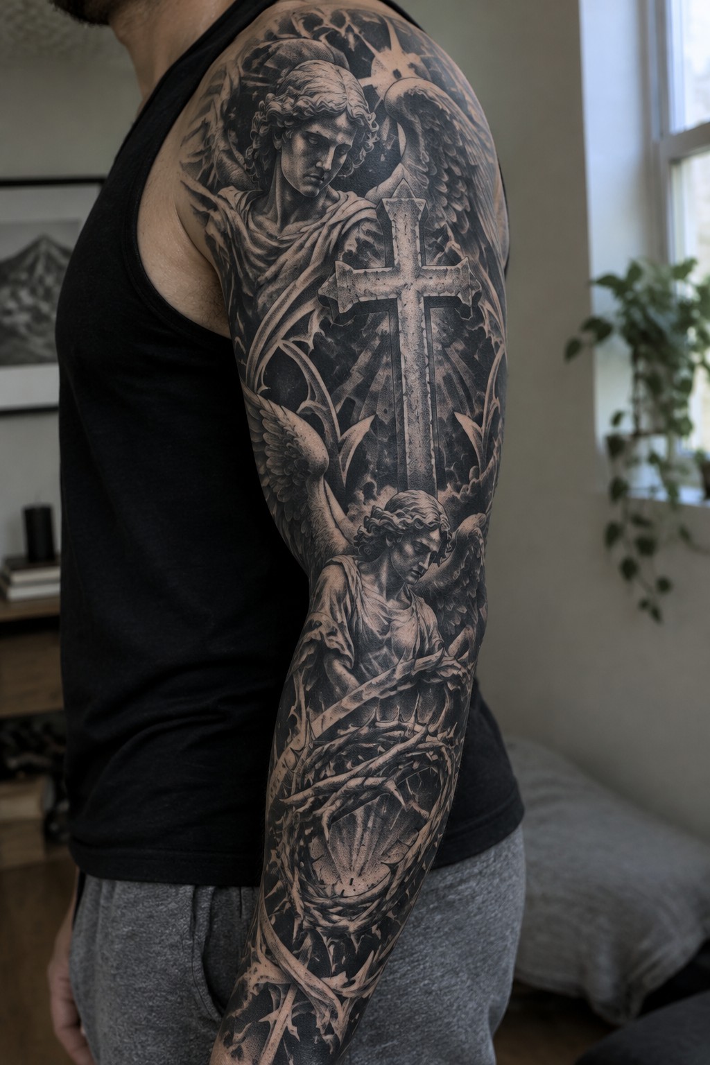 Man's arm with intricate black-and-gray tattoo of angels, cross, and thorns.