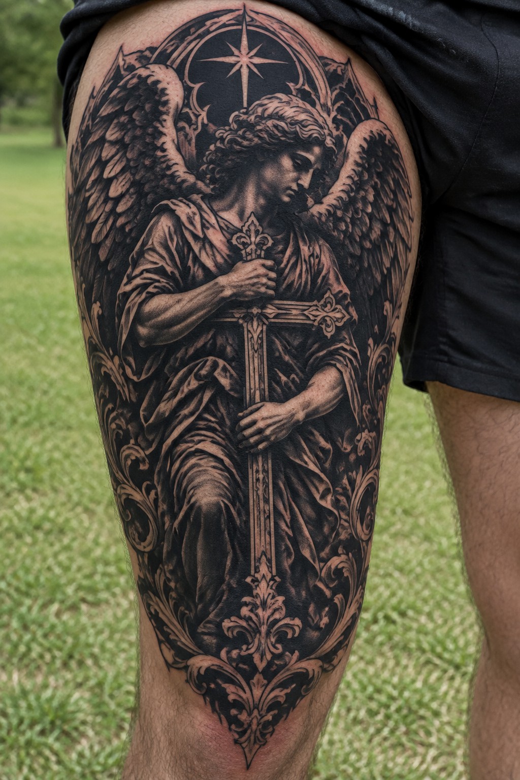 Black and grey tattoo of an angel holding a cross on the thigh with a star and arch above plus decorative scrollwork around the edges