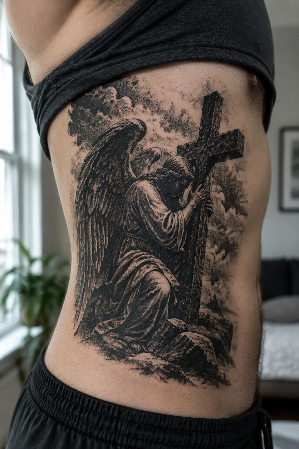 Blackwork tattoo of a kneeling angel embracing a large cross on a man's side torso with clouds and rocks in the background