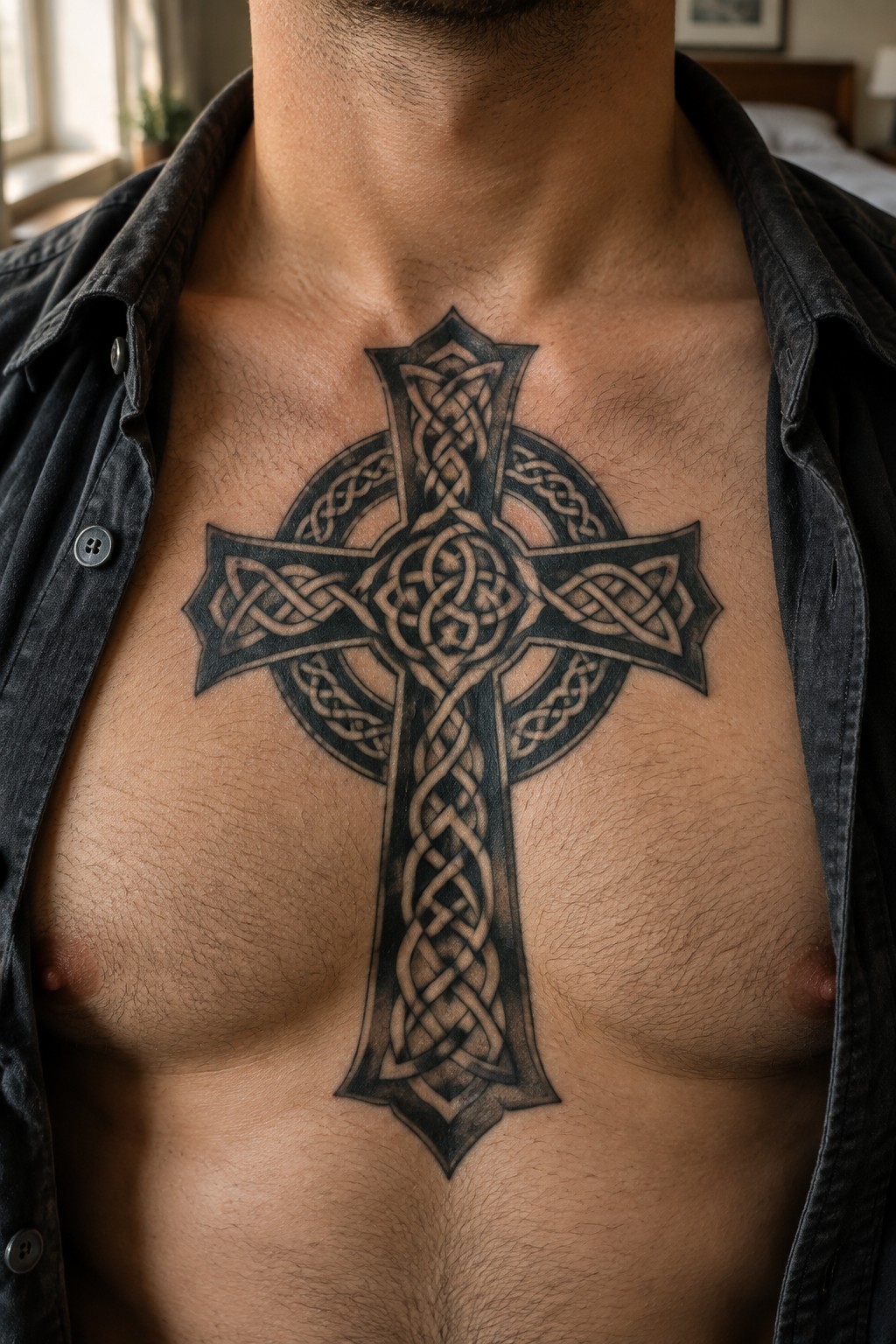 Large blackwork Celtic cross tattoo centered on a man's chest with knotwork details and shading.