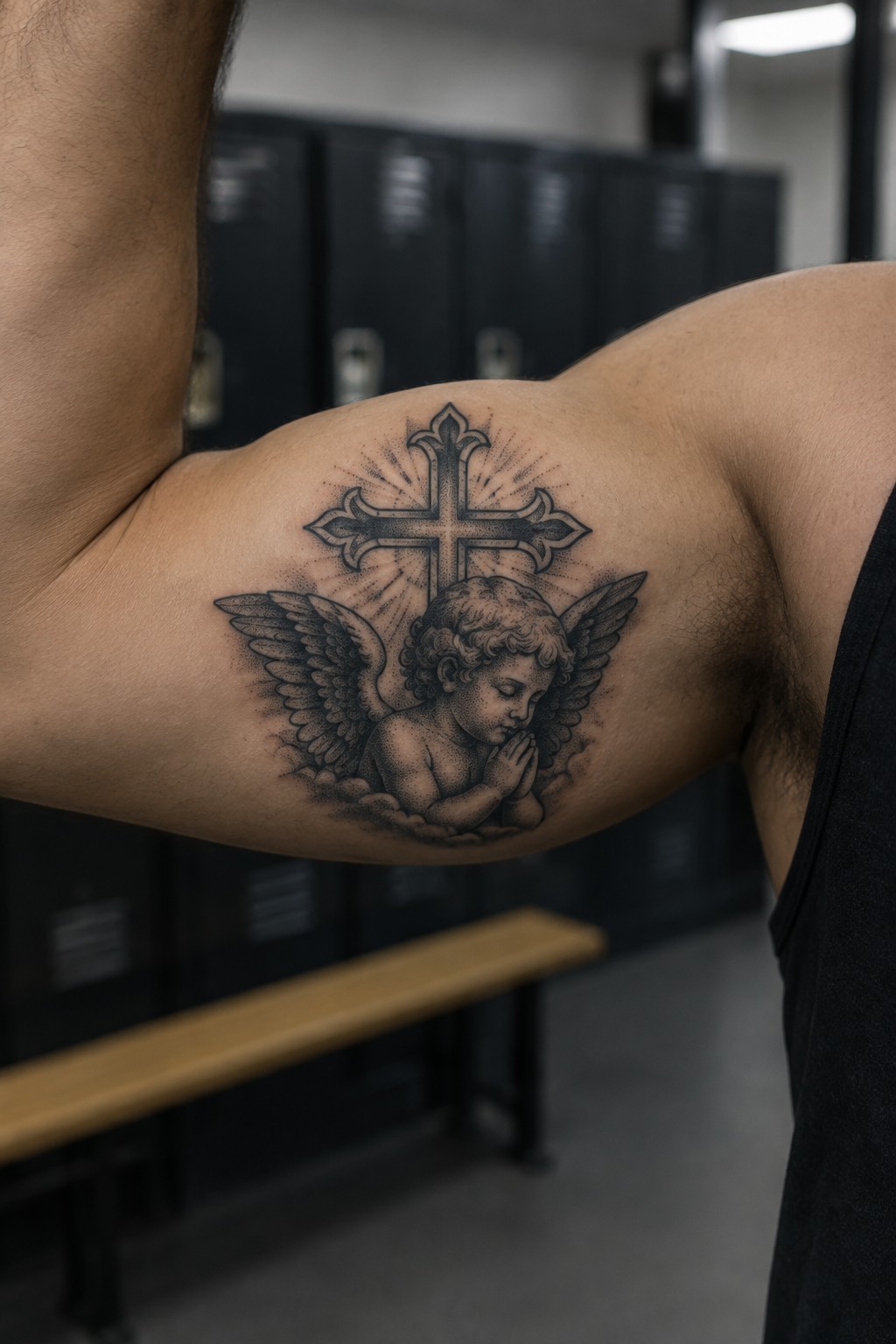 Ornate cross above praying cherub tattoo on muscular shoulder in locker room.