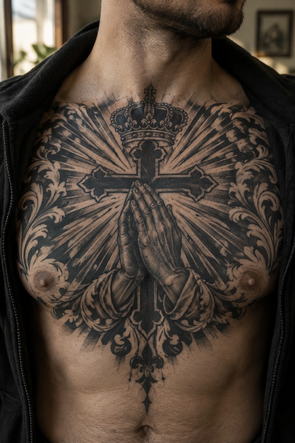 Man's bare chest in open black hoodie with large praying hands cross tattoo
