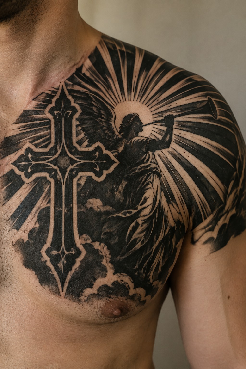 Black and grey tattoo on bare chest: ornate cross, winged angel with trumpet, radiating lines.