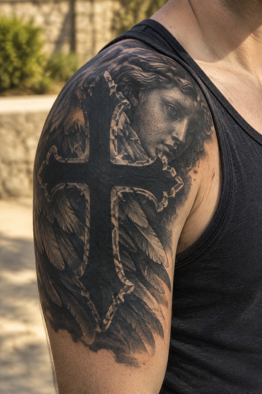 Man in black tank top with large winged cross and angel face tattoo on shoulder.