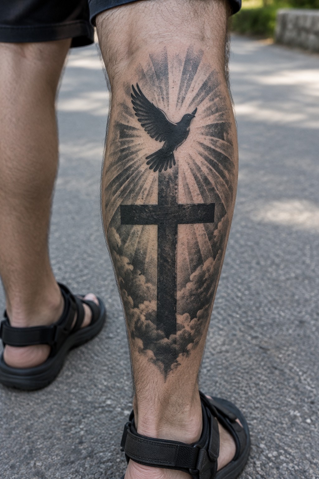 Leg tattoo of black cross with flying bird, clouds and rays
