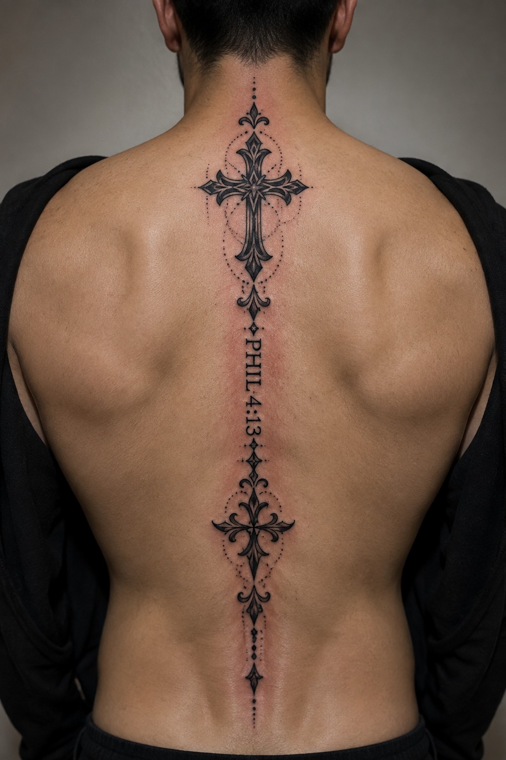 Muscular man's back with large ornate black cross tattoo and PHIL 4:13 text