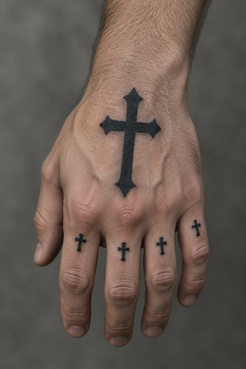 Hairy hand with large black cross tattoo and smaller crosses on fingers