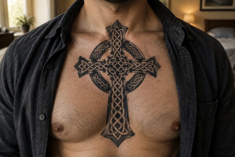 Large blackwork Celtic cross tattoo centered on a man's chest with knotwork details and shading.