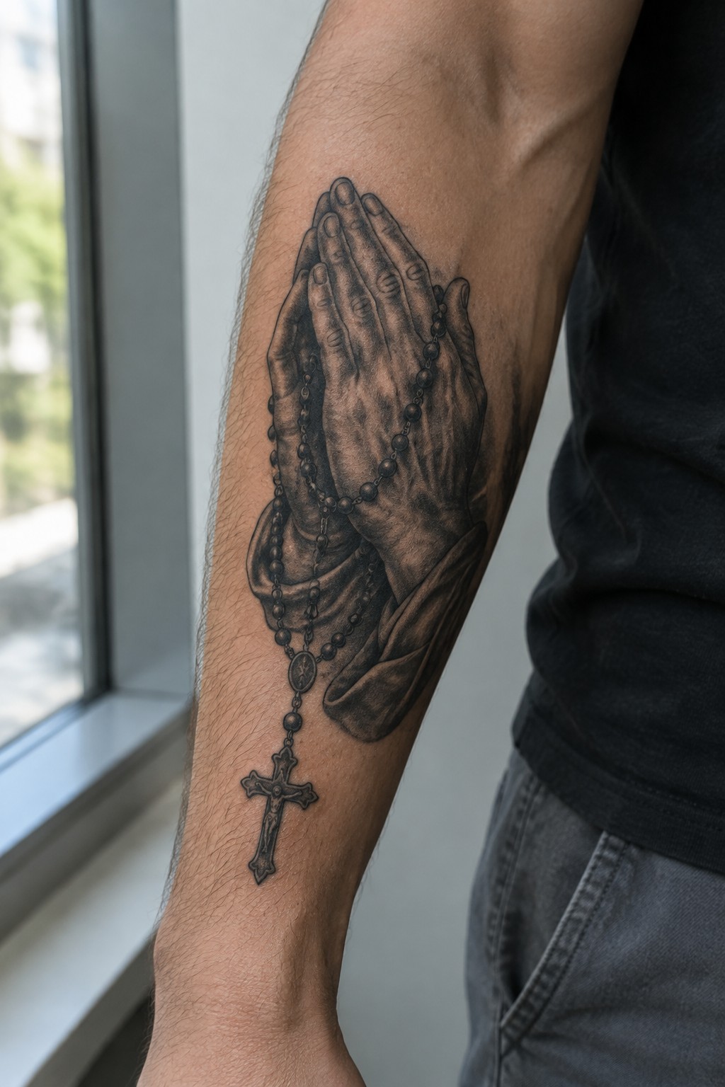 Black and grey realistic tattoo of praying hands clutching rosary beads with a dangling crucifix on a man's forearm