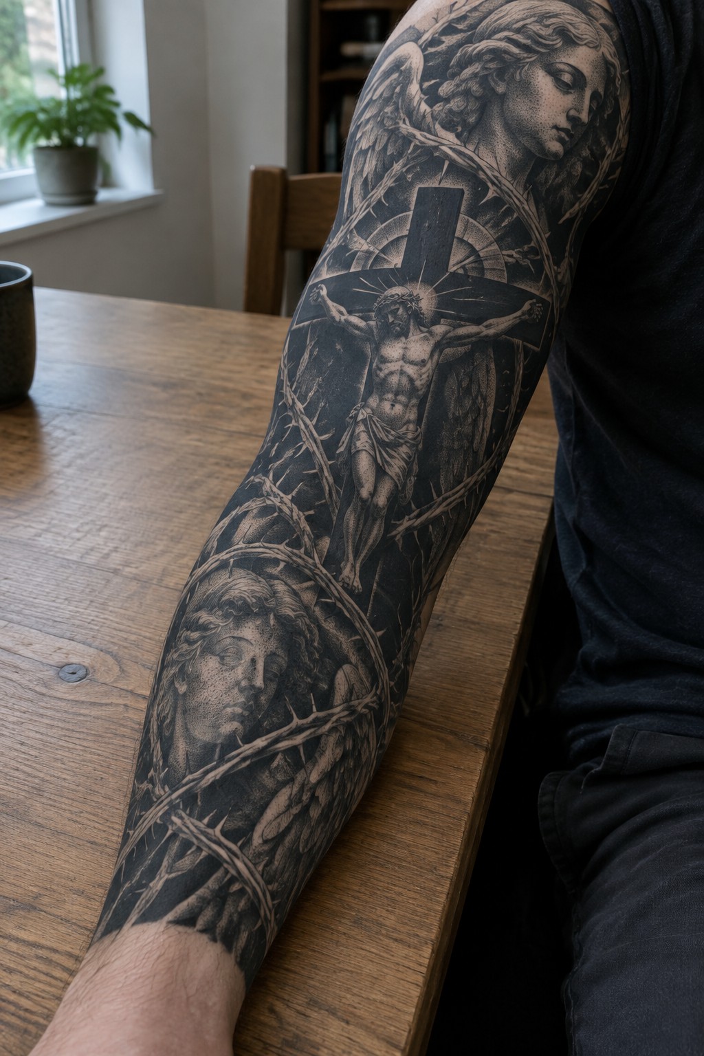 Detailed black-and-gray religious tattoo sleeve on arm with crucifixion, angels, and thorns.