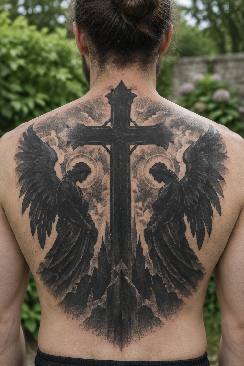 Man with hair in bun shows large back tattoo of cross with winged figures