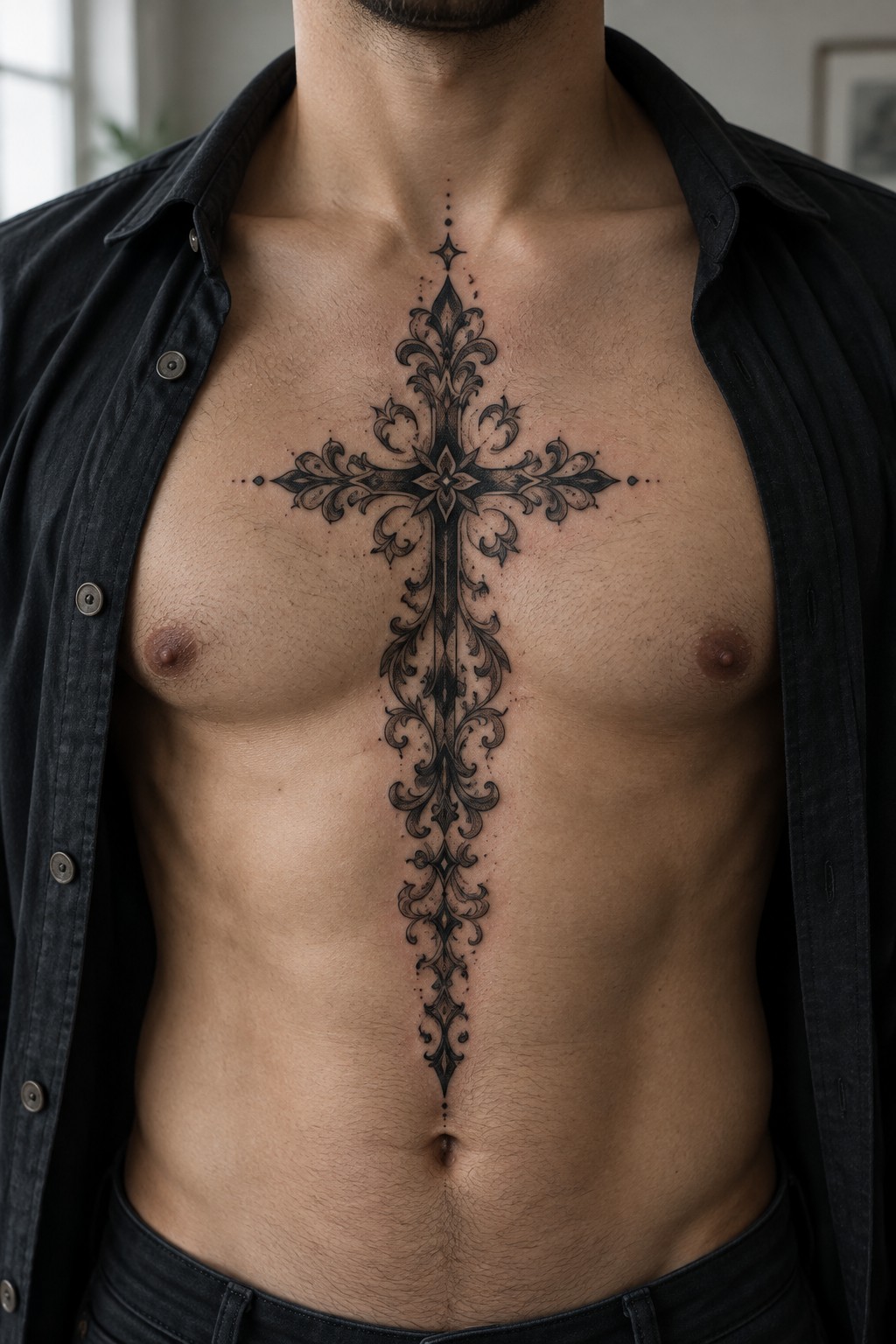 Muscular torso with ornate black cross tattoo under open dark shirt