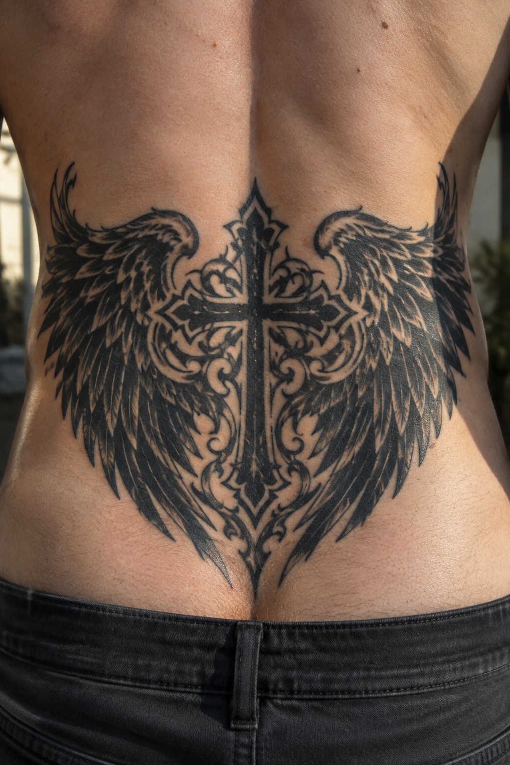 Ornate black tattoo of wings and cross on shirtless lower back above jeans
