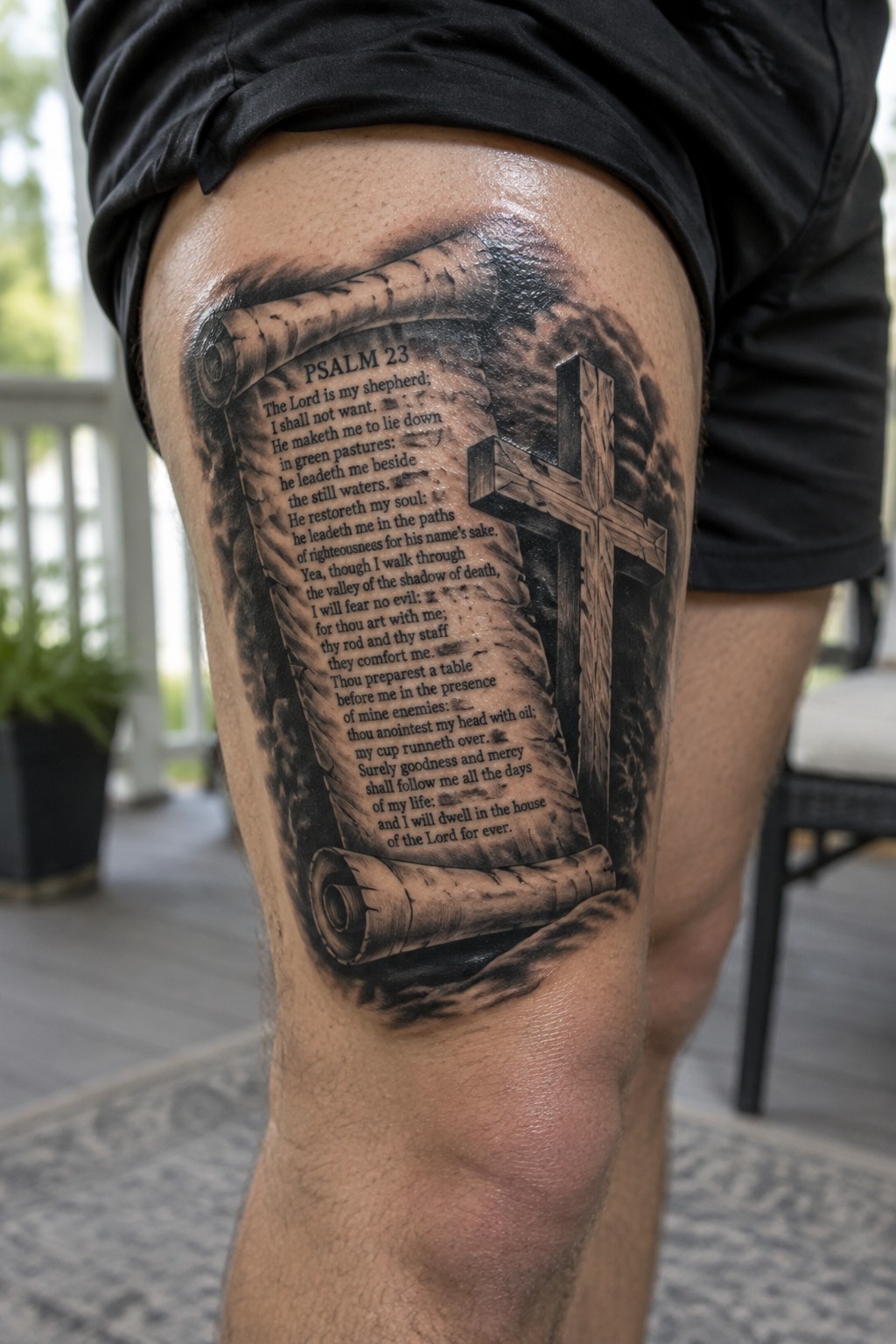 Black and gray tattoo of Psalm 23 scroll with wooden cross on thigh